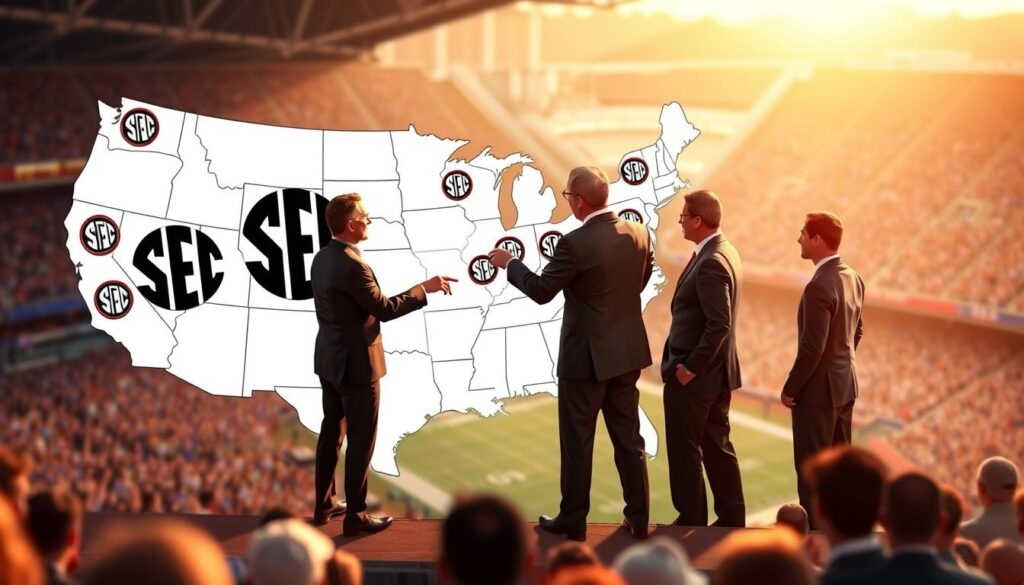 A dynamic illustration showcasing the impact of SEC conference realignment. In the foreground, a large map of the United States with state lines and SEC logos prominently displayed, symbolizing the shifting landscape of college athletics. In the middle, a group of professional individuals in business attire engaged in discussion, pointing at the map, representing university athletic directors and officials contemplating new affiliations. The background features a stadium filled with cheering fans, blurred slightly to emphasize the map and people. Golden hour lighting casts a warm glow, enhancing the mood of excitement and anticipation. The angle is a slightly elevated view, capturing both the interaction and the broader landscape of college sports in a visually engaging way.