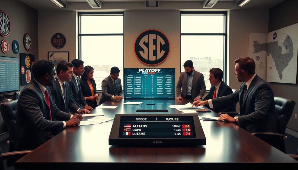 A dynamic scene showcasing an evolving SEC playoff picture, featuring representatives from member schools dressed in professional attire, such as suits and blazers, analyzing documents and charts around a high-quality conference table. In the foreground, a diverse group of focused individuals, including people of different ethnicities, are engaged in discussion, pointing at a digital screen displaying current playoff standings. The middle ground portrays a modern conference room setting with large windows allowing natural light to flood in, accentuating the atmosphere of urgency and teamwork. The background features SEC memorabilia and a large map of the Southeastern Conference highlighting member schools. Soft, warm lighting enhances the serious yet collaborative mood of this pivotal moment.