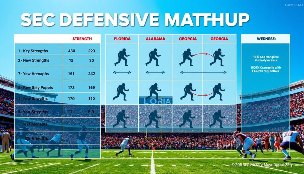 A detailed sports analysis infographic showcasing SEC defensive matchups. In the foreground, a well-organized chart visually displays key strengths of various teams, such as Florida, Alabama, and Georgia. The middle layer features diagrams of defensive formations, with player silhouettes in professional sports attire actively engaged in strategic plays. The background depicts a stadium setting with cheering fans, under a clear blue sky, to evoke a lively football atmosphere. Use bright, high-contrast colors to highlight the contrast between teams' strengths and weaknesses. The image should have dynamic lighting, capturing the excitement of game day, with a slight aerial angle for a comprehensive overview. The mood is competitive and analytical, intended for sports enthusiasts and analysts.