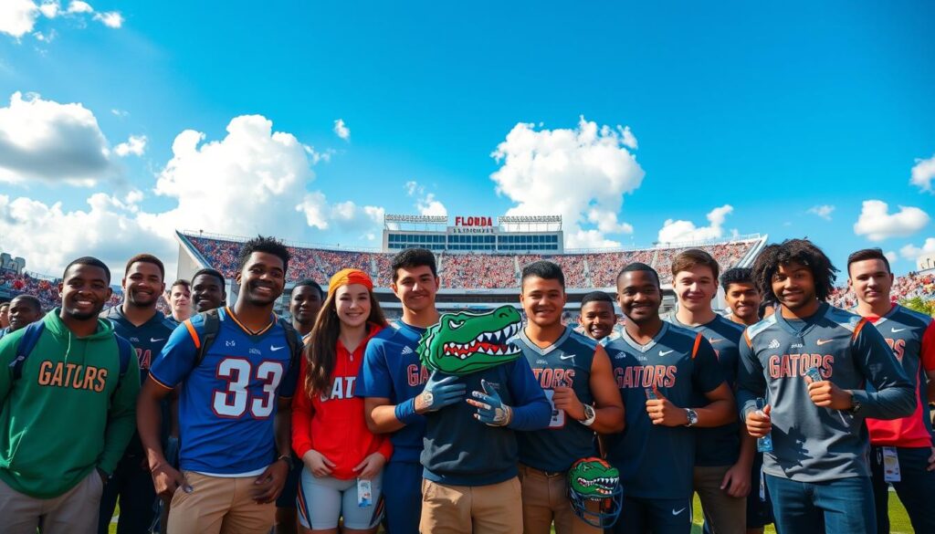 A dynamic and engaging scene depicting Florida's latest football signees showcasing their pride and determination. In the foreground, a diverse group of young athletes, dressed in casual yet professional sports attire, are gathered, some smiling, others focused, holding Florida Gators memorabilia. In the middle ground, a backdrop of the iconic Florida Gators stadium, filled with fans, showcasing vibrant team colors and energetic atmosphere. The background features sunny blue skies with fluffy white clouds, capturing the warmth of a Florida day. Use bright, natural lighting to highlight the athletes' expressions, with a slightly low-angle perspective to convey inspiration and ambition. The mood is celebratory, reflecting the excitement of a new recruiting class. A dynamic and engaging scene depicting Florida's latest football signees showcasing their pride and determination. In the foreground, a diverse group of young athletes, dressed in casual yet professional sports attire, are gathered, some smiling, others focused, holding Florida Gators memorabilia. In the middle ground, a backdrop of the iconic Florida Gators stadium, filled with fans, showcasing vibrant team colors and energetic atmosphere. The background features sunny blue skies with fluffy white clouds, capturing the warmth of a Florida day. Use bright, natural lighting to highlight the athletes' expressions, with a slightly low-angle perspective to convey inspiration and ambition. The mood is celebratory, reflecting the excitement of a new recruiting class.