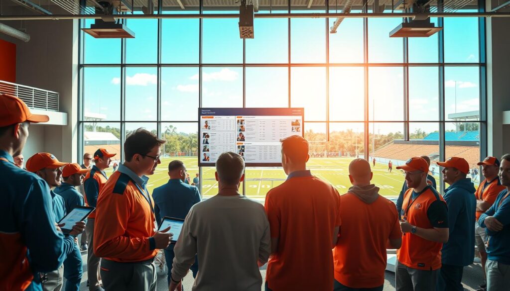 A dynamic depiction of college football recruiting in Florida featuring a bustling, modern sports facility filled with enthusiastic coaches and athletes in professional attire. In the foreground, a scouting team reviews player statistics and visuals on tablets, surrounded by vibrant team colors of orange and blue. The middle ground showcases a digital recruiting board displaying player profiles and stats prominently, symbolizing the transfer portal's influence on recruitment. In the background, a large window reveals a sunny view of a football practice field under clear blue skies, conveying an optimistic atmosphere. Soft sunlight filters through the glass, creating a lively yet focused environment. The composition is shot with a wide-angle lens to capture the excitement and energy of recruitment, emphasizing collaboration and determination within the competitive landscape of college football. A dynamic depiction of college football recruiting in Florida featuring a bustling, modern sports facility filled with enthusiastic coaches and athletes in professional attire. In the foreground, a scouting team reviews player statistics and visuals on tablets, surrounded by vibrant team colors of orange and blue. The middle ground showcases a digital recruiting board displaying player profiles and stats prominently, symbolizing the transfer portal's influence on recruitment. In the background, a large window reveals a sunny view of a football practice field under clear blue skies, conveying an optimistic atmosphere. Soft sunlight filters through the glass, creating a lively yet focused environment. The composition is shot with a wide-angle lens to capture the excitement and energy of recruitment, emphasizing collaboration and determination within the competitive landscape of college football.