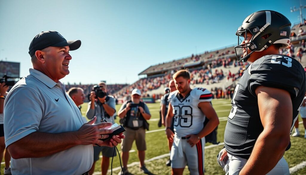 A dynamic football coach and player engaged in an intense interview on a sunlit college football field. In the foreground, the coach, wearing a professional polo and cap, is animatedly talking, emphasizing key points with hand gestures. The player, in a team jersey and shorts, listens intently, nodding thoughtfully, showcasing a sense of camaraderie and focus. In the middle ground, a group of journalists with notepads and microphones captures the moment, their expressions reflecting curiosity and interest. The background features cheering fans in the stands, a blurred stadium environment under a bright blue sky, enhancing the excitement of game day. The overall mood is energetic and professional, highlighting the importance of these interviews in shaping the narrative of college football. A dynamic football coach and player engaged in an intense interview on a sunlit college football field. In the foreground, the coach, wearing a professional polo and cap, is animatedly talking, emphasizing key points with hand gestures. The player, in a team jersey and shorts, listens intently, nodding thoughtfully, showcasing a sense of camaraderie and focus. In the middle ground, a group of journalists with notepads and microphones captures the moment, their expressions reflecting curiosity and interest. The background features cheering fans in the stands, a blurred stadium environment under a bright blue sky, enhancing the excitement of game day. The overall mood is energetic and professional, highlighting the importance of these interviews in shaping the narrative of college football.
