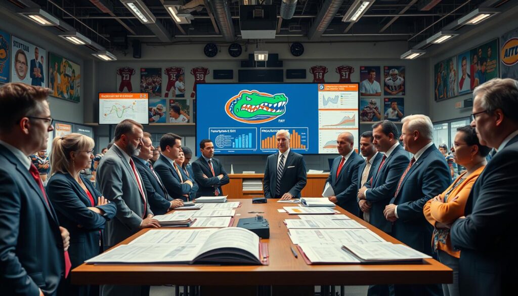 A dynamic scene capturing a group of professional coaches engaged in a strategic discussion about NCAA rule changes affecting Florida Gators football for the 2024-2025 season. In the foreground, a diverse group of coaches, dressed in smart business attire, are standing around a large table filled with playbooks and strategic diagrams. The middle ground features a large digital screen displaying the Florida Gators logo and graphs illustrating coaching shifts and recruitment trends. The background shows a bustling football facility with memorabilia of past victories and an excited atmosphere. Soft, focused lighting highlights the intense concentration on the coaches' faces, evoking a sense of urgency and anticipation for the upcoming changes in college football. A dynamic scene capturing a group of professional coaches engaged in a strategic discussion about NCAA rule changes affecting Florida Gators football for the 2024-2025 season. In the foreground, a diverse group of coaches, dressed in smart business attire, are standing around a large table filled with playbooks and strategic diagrams. The middle ground features a large digital screen displaying the Florida Gators logo and graphs illustrating coaching shifts and recruitment trends. The background shows a bustling football facility with memorabilia of past victories and an excited atmosphere. Soft, focused lighting highlights the intense concentration on the coaches' faces, evoking a sense of urgency and anticipation for the upcoming changes in college football.