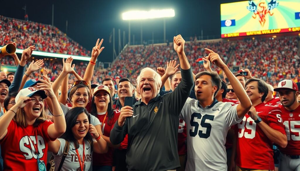 A dynamic scene capturing an SEC football matchup, showcasing vibrant reactions from coaches, players, and fans. In the foreground, a diverse group of excited fans wearing team colors and jerseys joyfully cheering, some jumping in celebration. In the middle, coaches displaying animated expressions, passionately discussing strategies, while players in full gear exhibit a mix of determination and exhilaration. The background features a thrilling stadium atmosphere, with a packed crowd, bright stadium lights illuminating the field, and team banners waving. The image conveys a sense of excitement and community, with an emphasis on teamwork and sportsmanship. Use a slightly tilted angle to enhance the sense of movement, with warm, energetic lighting to reflect the fervor of game day.