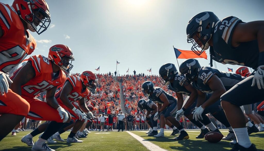 A dynamic scene of an SEC football matchup, capturing the intense energy between rival teams. In the foreground, strong, athletic players in vibrant team jerseys—orange and blue for Florida, and dark colors for their opponents—are poised for action on the field, showcasing their determination and focus. The middle ground features a packed stadium with excited fans, waving flags and wearing team colors, creating a fervent atmosphere. In the background, a bright, clear sky emphasizes the afternoon sun casting dramatic shadows, enhancing the excitement of the game. The image is shot from a low angle, highlighting the players' expressions and the thrill of competition, evoking a sense of rivalry and strategy. The overall mood is energetic and competitive, perfect for illustrating star players and essential matchups.