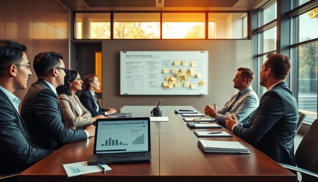 A professional boardroom setting with a sleek, modern design, featuring a large conference table surrounded by diverse business professionals in smart business attire, engaged in a discussion about NCAA NIL policy updates. In the foreground, a laptop displaying graphs and charts related to NIL regulations is open, alongside notepads filled with notes. The middle ground showcases a large whiteboard with key points highlighted and sticky notes attached, indicating collaboration and brainstorming. In the background, large windows let in warm natural light, creating a productive and optimistic atmosphere. The camera angle is slightly elevated, capturing the dynamic interaction and focus of the group while emphasizing the significance of the topic within a professional context. A professional boardroom setting with a sleek, modern design, featuring a large conference table surrounded by diverse business professionals in smart business attire, engaged in a discussion about NCAA NIL policy updates. In the foreground, a laptop displaying graphs and charts related to NIL regulations is open, alongside notepads filled with notes. The middle ground showcases a large whiteboard with key points highlighted and sticky notes attached, indicating collaboration and brainstorming. In the background, large windows let in warm natural light, creating a productive and optimistic atmosphere. The camera angle is slightly elevated, capturing the dynamic interaction and focus of the group while emphasizing the significance of the topic within a professional context.