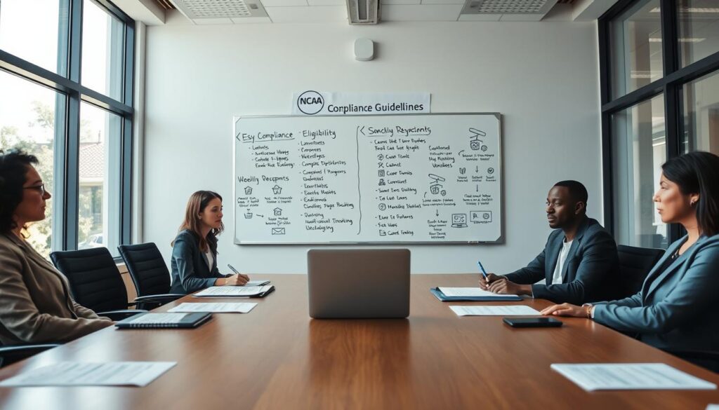 A professional office setting dedicated to NCAA compliance, featuring a large conference table at the center. In the foreground, a diverse group of four individuals dressed in professional attire, actively discussing compliance guidelines, with documents and a laptop open in front of them. The middle ground shows a whiteboard filled with key points about eligibility and sanctions, illustrated with icons symbolizing rules and balance. In the background, large windows let in natural light, creating a bright and focused atmosphere. The overall mood is serious yet collaborative, highlighting teamwork in understanding NCAA regulations. The angle captures the scene from slightly above, giving depth to the workspace while emphasizing the importance of compliance. A professional office setting dedicated to NCAA compliance, featuring a large conference table at the center. In the foreground, a diverse group of four individuals dressed in professional attire, actively discussing compliance guidelines, with documents and a laptop open in front of them. The middle ground shows a whiteboard filled with key points about eligibility and sanctions, illustrated with icons symbolizing rules and balance. In the background, large windows let in natural light, creating a bright and focused atmosphere. The overall mood is serious yet collaborative, highlighting teamwork in understanding NCAA regulations. The angle captures the scene from slightly above, giving depth to the workspace while emphasizing the importance of compliance.