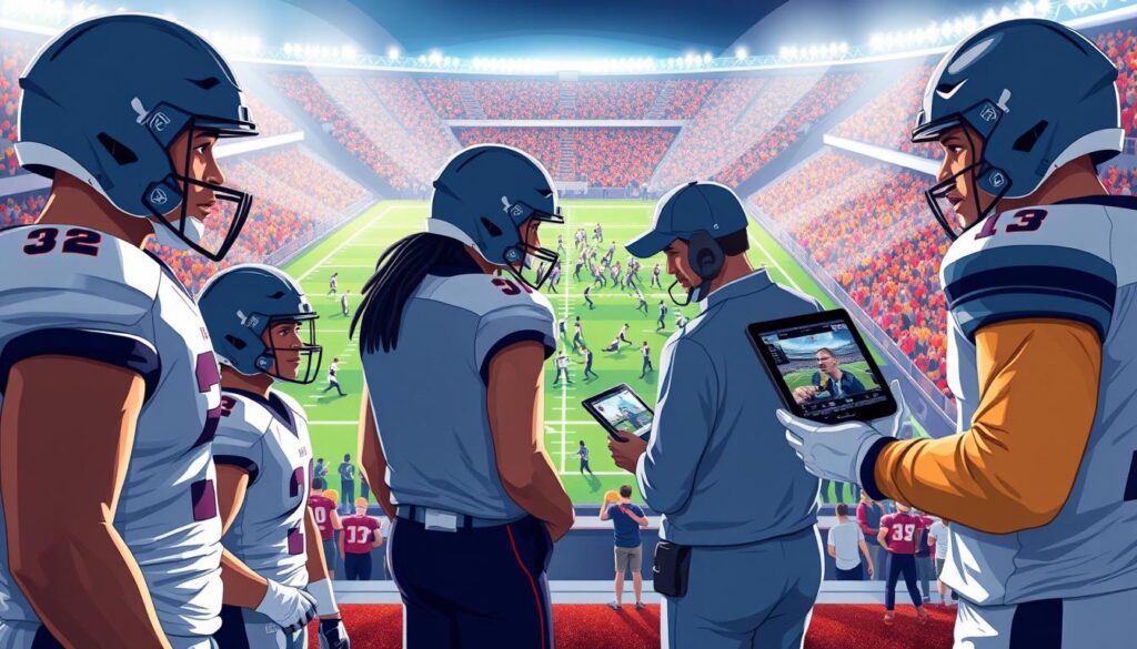 A split-scene illustration depicting the long-term effects of NCAA rule changes in collegiate football. In the foreground, a group of diverse players in professional athletic gear discuss strategy, showing camaraderie and focus. The middle section transitions to a busy football field where coaches analyze game footage on tablets, highlighting a systematic approach to training and preparation. In the background, a vibrant stadium filled with cheering fans reflects the growing popularity of college football, symbolizing the positive outcomes of these rule changes. The lighting is bright and dynamic, reflecting an optimistic atmosphere. Use a slightly elevated angle to capture the energy of the scene, emphasizing the interaction between players, coaches, and the lively environment. A split-scene illustration depicting the long-term effects of NCAA rule changes in collegiate football. In the foreground, a group of diverse players in professional athletic gear discuss strategy, showing camaraderie and focus. The middle section transitions to a busy football field where coaches analyze game footage on tablets, highlighting a systematic approach to training and preparation. In the background, a vibrant stadium filled with cheering fans reflects the growing popularity of college football, symbolizing the positive outcomes of these rule changes. The lighting is bright and dynamic, reflecting an optimistic atmosphere. Use a slightly elevated angle to capture the energy of the scene, emphasizing the interaction between players, coaches, and the lively environment.