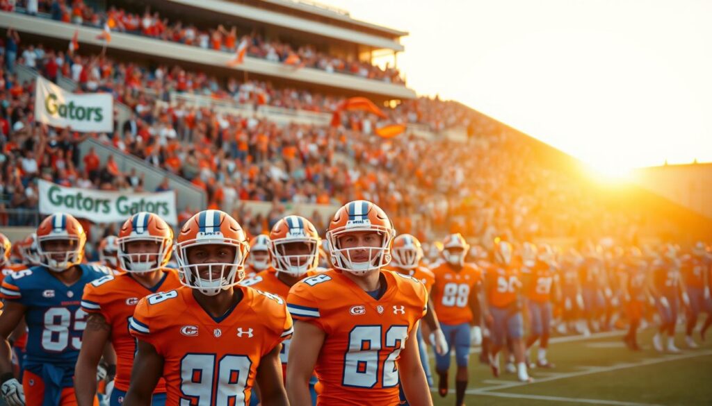 A vibrant Florida college football scene capturing the impact of NCAA rule changes. In the foreground, a diverse group of college football players in orange and blue uniforms, showcasing determination and teamwork, engaged in practice with focused expressions. The middle ground features a lively stadium filled with passionate fans wearing Gators gear, waving banners and flags in excitement. The background showcases a bright Florida sunset, casting warm golden light over the field, accentuating the intense atmosphere. The focus should be on the players' camaraderie and the energy of the crowd, with a slight lens flare to emphasize the excitement. The overall mood is hopeful and dynamic, suggesting the potential changes and storylines to watch for the upcoming season. A vibrant Florida college football scene capturing the impact of NCAA rule changes. In the foreground, a diverse group of college football players in orange and blue uniforms, showcasing determination and teamwork, engaged in practice with focused expressions. The middle ground features a lively stadium filled with passionate fans wearing Gators gear, waving banners and flags in excitement. The background showcases a bright Florida sunset, casting warm golden light over the field, accentuating the intense atmosphere. The focus should be on the players' camaraderie and the energy of the crowd, with a slight lens flare to emphasize the excitement. The overall mood is hopeful and dynamic, suggesting the potential changes and storylines to watch for the upcoming season.