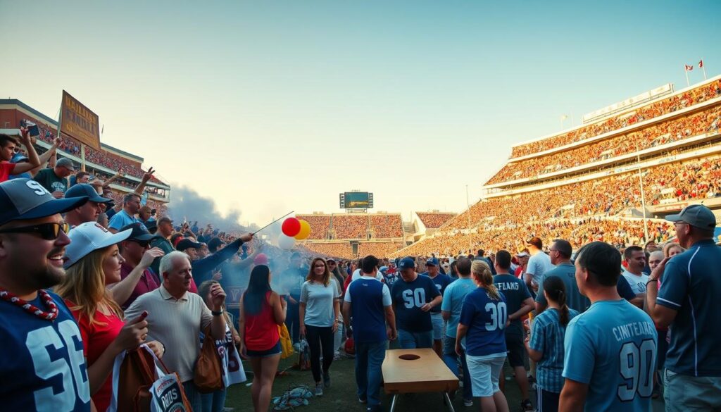 A vibrant SEC football game day scene depicting rival team traditions. In the foreground, passionate fans wearing their team's colors, holding banners and homemade signs, with excitement evident on their faces. The middle ground features a tailgating setup: grills smoking, families sharing food, and interactive games like cornhole. In the background, a historic stadium filled with cheering crowds under clear blue skies, with marching bands playing in the stands. The lighting captures the warm glow of late afternoon sun, casting long shadows. The atmosphere is electric, celebrating camaraderie and competition, and the essence of Southern culture. Emphasize the sense of community and spirited rivalry, highlighting the joyful connection among fans and their rich traditions.