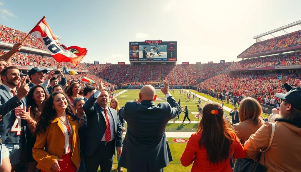 A vibrant college football scene showcasing the contrasting themes of surprises and disappointments in rankings. In the foreground, a diverse group of passionate fans clad in professional attire, expressing both jubilation and despair, with some holding team flags and jerseys. The middle ground features a football field bustling with players in action, showcasing unexpected highlights and low points of the season, while a scoreboard reflects fluctuating rankings. In the background, a stadium filled with cheering crowds under a bright, sunny sky, symbolizing hope and excitement. The imagery is shot from a low angle to capture the intensity and emotion of the moment, with warm lighting illuminating the scene to evoke a sense of enthusiasm and anticipation. A vibrant college football scene showcasing the contrasting themes of surprises and disappointments in rankings. In the foreground, a diverse group of passionate fans clad in professional attire, expressing both jubilation and despair, with some holding team flags and jerseys. The middle ground features a football field bustling with players in action, showcasing unexpected highlights and low points of the season, while a scoreboard reflects fluctuating rankings. In the background, a stadium filled with cheering crowds under a bright, sunny sky, symbolizing hope and excitement. The imagery is shot from a low angle to capture the intensity and emotion of the moment, with warm lighting illuminating the scene to evoke a sense of enthusiasm and anticipation.