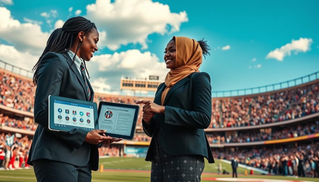 A visually engaging and informative scene that illustrates the concept of Name, Image, and Likeness (NIL) policies in college sports. In the foreground, a diverse group of three collegiate athletes in professional attire, such as business suits or modest casual clothing, stands together, discussing their personal brands. One athlete holds a tablet displaying social media icons while another points to an infographic showing NIL regulations. In the middle ground, a dynamic backdrop of a college stadium filled with cheering fans symbolizes the excitement of college sports. The background features a clear blue sky with fluffy clouds, emphasizing a positive atmosphere. Soft, natural lighting casts warm tones across the scene, creating an optimistic mood, while a wide-angle lens captures the entire setting, enhancing the engaging and informative nature of the NIL discussion. A visually engaging and informative scene that illustrates the concept of Name, Image, and Likeness (NIL) policies in college sports. In the foreground, a diverse group of three collegiate athletes in professional attire, such as business suits or modest casual clothing, stands together, discussing their personal brands. One athlete holds a tablet displaying social media icons while another points to an infographic showing NIL regulations. In the middle ground, a dynamic backdrop of a college stadium filled with cheering fans symbolizes the excitement of college sports. The background features a clear blue sky with fluffy clouds, emphasizing a positive atmosphere. Soft, natural lighting casts warm tones across the scene, creating an optimistic mood, while a wide-angle lens captures the entire setting, enhancing the engaging and informative nature of the NIL discussion.