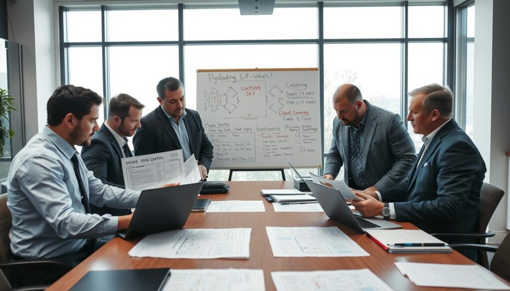 A college football coaching staff evaluation scene set in an office environment. In the foreground, a diverse group of four coaches, all dressed in professional business attire, are engaged in deep discussion around a large conference table. They are examining grading charts and player statistics displayed on laptops and printed reports. In the middle, a whiteboard is filled with tactical diagrams and notes, showcasing strategies for upcoming games. In the background, large windows allow natural light to pour in, creating an open atmosphere. The mood is focused and intense, capturing the critical evaluation process, with hints of urgency reflected in the coaches' expressions. The camera angle is slightly overhead, capturing the interaction among the coaches and the surrounding details in the room.