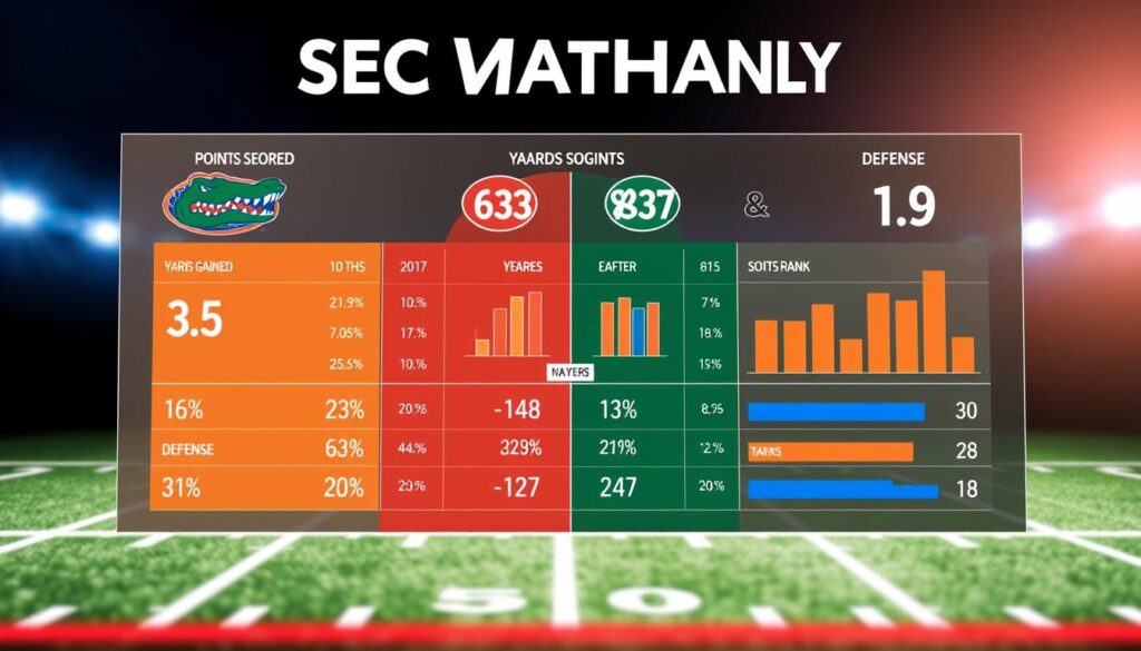 A detailed SEC matchup statistical analysis chart featuring a split design, showcasing vibrant colors representing the Florida Gators and their opponent. In the foreground, bold icons illustrate key statistics like points scored, yards gained, and defense rank, complemented by sleek graphs and bar charts. The middle section highlights comparative data with contrasting themes for each team, using bright colors and sharp lines for clarity. The background features a subtle gradient resembling a football field, enhancing the sports theme. The lighting is bright and dynamic, creating an energetic atmosphere suitable for a competitive sports analysis. The viewing angle is slightly tilted for an engaging presentation, ensuring a professional look without any text or overlays. A detailed SEC matchup statistical analysis chart featuring a split design, showcasing vibrant colors representing the Florida Gators and their opponent. In the foreground, bold icons illustrate key statistics like points scored, yards gained, and defense rank, complemented by sleek graphs and bar charts. The middle section highlights comparative data with contrasting themes for each team, using bright colors and sharp lines for clarity. The background features a subtle gradient resembling a football field, enhancing the sports theme. The lighting is bright and dynamic, creating an energetic atmosphere suitable for a competitive sports analysis. The viewing angle is slightly tilted for an engaging presentation, ensuring a professional look without any text or overlays.