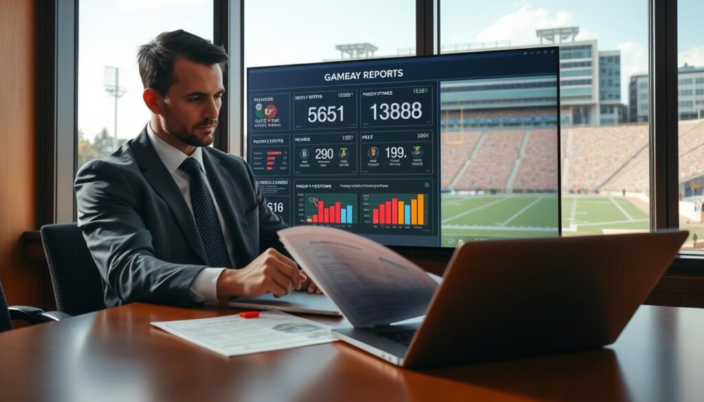 A detailed analysis scene depicting a UF football injury report, set in a modern office environment. In the foreground, a professional sports analyst, dressed in business attire, is intently studying gameday reports on a sleek laptop. In the middle, a digital display shows injury statistics, highlighting key players and their recovery status, with charts and graphics illustrating trends. In the background, a large window reveals a sunny day outside, with the university's iconic football stadium visible, creating an atmosphere of anticipation and focus. Warm, natural lighting fills the room, enhancing a motivated and serious mood. The angle of the shot captures the analyst's concentration, displaying a collaborative and academic approach to sports analysis. A detailed analysis scene depicting a UF football injury report, set in a modern office environment. In the foreground, a professional sports analyst, dressed in business attire, is intently studying gameday reports on a sleek laptop. In the middle, a digital display shows injury statistics, highlighting key players and their recovery status, with charts and graphics illustrating trends. In the background, a large window reveals a sunny day outside, with the university's iconic football stadium visible, creating an atmosphere of anticipation and focus. Warm, natural lighting fills the room, enhancing a motivated and serious mood. The angle of the shot captures the analyst's concentration, displaying a collaborative and academic approach to sports analysis.
