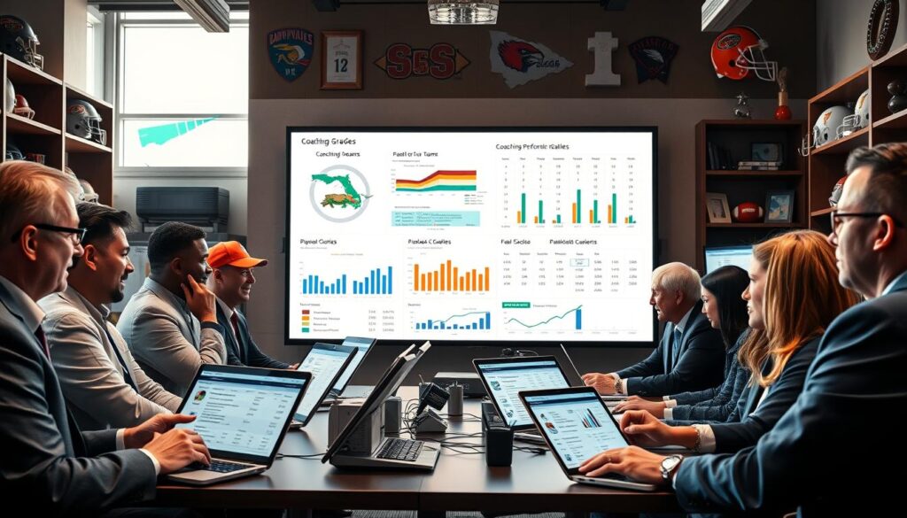 A detailed coaching performance analysis setup in a modern sports analytics room. In the foreground, a diversity of professional analysts in business attire, engaged in animated discussions over laptops and tablets displaying intricate statistics and player metrics. In the middle, a large wall screen showcasing a dynamic presentation, with graphs and charts illustrating Florida teams' coaching performance grades. The background features shelves lined with football memorabilia and a large window letting in warm, natural light, creating an energetic and focused atmosphere. The overall mood should exude professionalism and dedication, capturing the intensity of performance evaluations in college football. Use a wide-angle lens to emphasize the collaborative space.