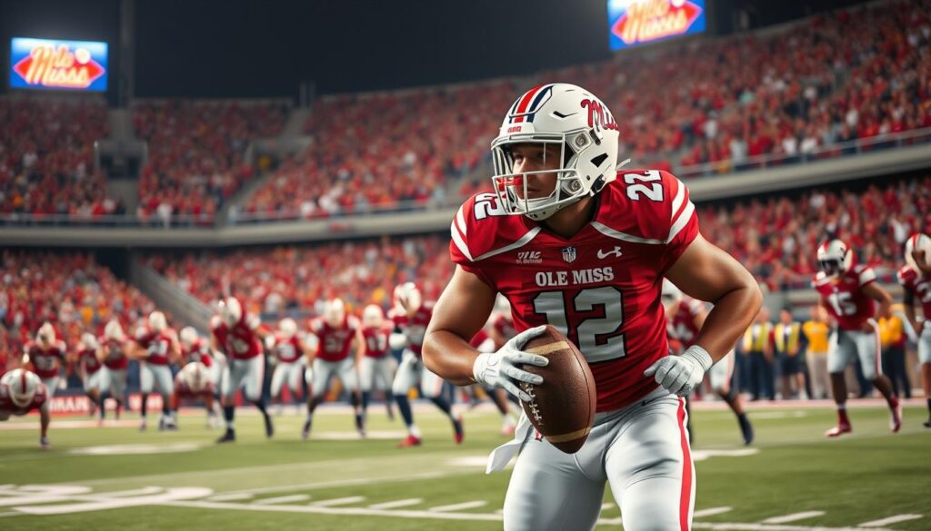 A dynamic scene capturing an Ole Miss offensive threat in an ACC coastal football matchup. In the foreground, a focused and athletic football player, dressed in Ole Miss colors, is poised for action, showcasing determination with a football gripped tightly in one hand. The middle ground features a lively football field, where teammates in similar uniforms are strategizing and preparing for the play, high-energy expressions conveying urgency. The background showcases a packed stadium with cheering fans in vibrant colors, under bright stadium lights that illuminate the action. The overall atmosphere is tense yet electrifying, reflecting the intensity of a crucial match. The camera angle is slightly low, emphasizing the players' intensity and the grand scale of the stadium. A dynamic scene capturing an Ole Miss offensive threat in an ACC coastal football matchup. In the foreground, a focused and athletic football player, dressed in Ole Miss colors, is poised for action, showcasing determination with a football gripped tightly in one hand. The middle ground features a lively football field, where teammates in similar uniforms are strategizing and preparing for the play, high-energy expressions conveying urgency. The background showcases a packed stadium with cheering fans in vibrant colors, under bright stadium lights that illuminate the action. The overall atmosphere is tense yet electrifying, reflecting the intensity of a crucial match. The camera angle is slightly low, emphasizing the players' intensity and the grand scale of the stadium.