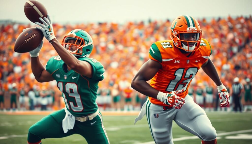 A dynamic scene showcasing Miami Hurricanes X-Factor football players on a vibrant game day. In the foreground, two athletes in the team's iconic green and orange uniforms, one poised to catch a pass and the other preparing to sprint, display intense focus and athleticism. The middle ground features a cheering crowd in the background, adorned in team colors, creating an atmosphere of excitement and anticipation. Bright stadium lights cast dramatic shadows and highlights on the players, while a slightly blurred football field stretches out behind them to emphasize action and depth. The composition captures the spirit of competition and the potential for game-changing moments, evoking a lively and energetic mood. A dynamic scene showcasing Miami Hurricanes X-Factor football players on a vibrant game day. In the foreground, two athletes in the team's iconic green and orange uniforms, one poised to catch a pass and the other preparing to sprint, display intense focus and athleticism. The middle ground features a cheering crowd in the background, adorned in team colors, creating an atmosphere of excitement and anticipation. Bright stadium lights cast dramatic shadows and highlights on the players, while a slightly blurred football field stretches out behind them to emphasize action and depth. The composition captures the spirit of competition and the potential for game-changing moments, evoking a lively and energetic mood.