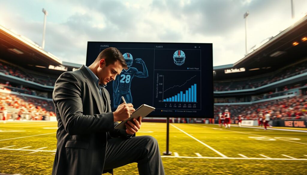 A dynamic scene showcasing a college football injury impact analysis. In the foreground, a professional sports analyst in a smart casual outfit sits at a desk, intensely reviewing player statistics on a tablet. In the middle ground, a large flat-screen display shows a digital representation of injured players overlaid with graphs and data points. The background features a football stadium with blurred motion, capturing the energy of a game in progress, bathed in warm, late afternoon sunlight. The overall atmosphere conveys seriousness and dedication to understanding the impact of injuries on team performance. Use a wide-angle lens effect to create depth, enhancing the focus on the analyst's thoughtful expression and the digital analysis display.