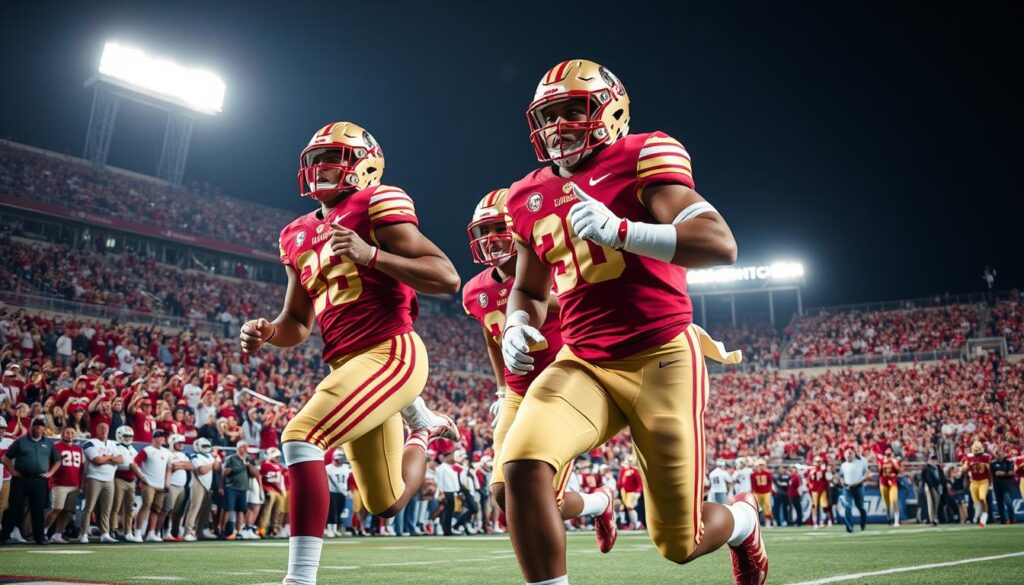 A dynamic sports scene capturing the essence of a Florida State Seminoles football game. In the foreground, highlight key player performances with a focus on two athletes in action, wearing the team's vibrant garnet and gold uniforms, showcasing determination and teamwork. In the middle ground, depict a background of cheering fans in a packed stadium under bright stadium lights, enhancing the excitement of the moment. The background features a clear night sky, adding to the atmosphere of intensity and passion during the game. Use a low-angle shot to emphasize the players' athleticism and the energy of the crowd, ensuring a lively and uplifting mood. The image should be rich in color and detail, with sharp contrasts that evoke the thrill of a pivotal game moment, devoid of any text or logos.