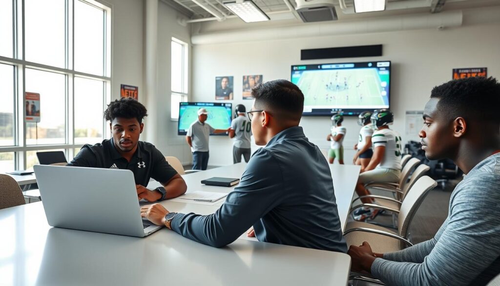 A group of dedicated Miami football targets is intensely analyzing game film in a bright, organized training facility. In the foreground, two focused young athletes, dressed in professional sports attire, are sitting at a large conference table, reviewing footage on a laptop, showcasing diagrams and play formations. In the middle ground, a coach gestures towards a large screen displaying strategic plays, while other players, dressed in athletic wear, take notes and discuss strategies. The background reveals a high-tech training room with motivational posters and equipment for analysis, bustling with energy. Soft, natural lighting filters in through large windows, creating a vibrant, focused atmosphere that captures the essence of serious preparation and teamwork. The scene embodies a proactive, committed approach to skill enhancement and recruitment.
