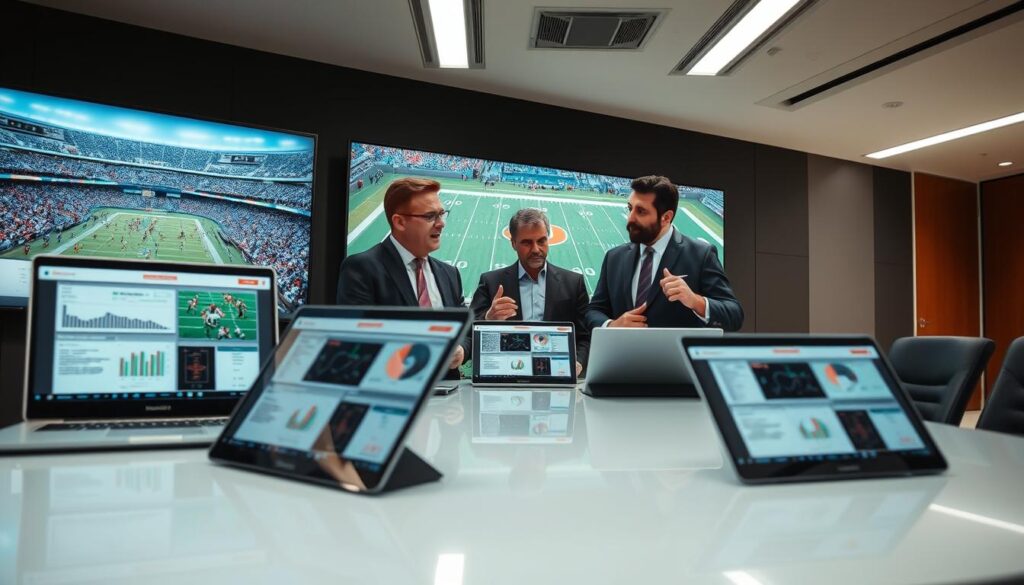 A professional analysis setting focused on the Miami Hurricanes football team. In the foreground, a sleek, modern conference table is filled with high-tech laptops and tablets displaying detailed game statistics and player performance charts. In the middle, a group of three analysts, dressed in business attire, passionately discussing strategies. Their expressions are focused and engaged, reflecting the intensity of the analysis. The background features a large screen showcasing an aerial view of the football field, capturing the excitement of the game. The lighting is bright yet soft, creating a professional atmosphere, with an emphasis on clarity and focus. The angle of the shot is slightly elevated, providing a comprehensive view of the analysts and their tools. The mood is analytical and determined, embodying teamwork and a dedication to the sport.