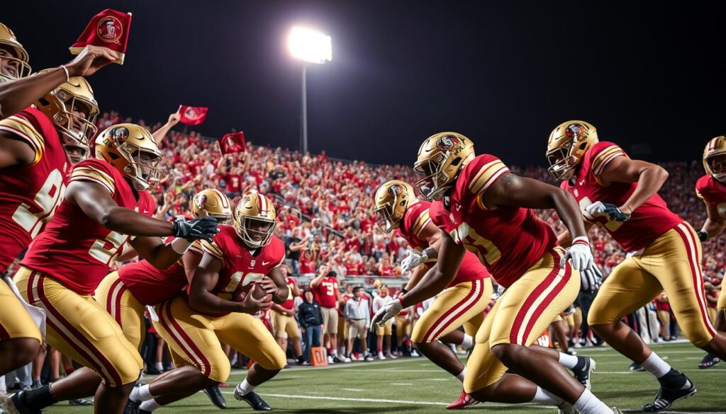 A vibrant and dynamic scene capturing the Florida State Seminoles' football team in action during the third quarter of a game. In the foreground, players in bright garnet and gold uniforms are seen executing a pivotal play, showcasing determination and teamwork, with intense expressions on their faces. The middle ground features an energetic crowd of fans, wearing Seminoles gear, cheering enthusiastically with fists raised and flags waving. The background reveals a well-lit stadium, illuminated by bright floodlights under a night sky, emphasizing the electrifying atmosphere. The composition is shot from a low angle to highlight the players' intensity and sense of motion, with a focus on clarity and detail, evoking a feeling of momentum and excitement for the third quarter.