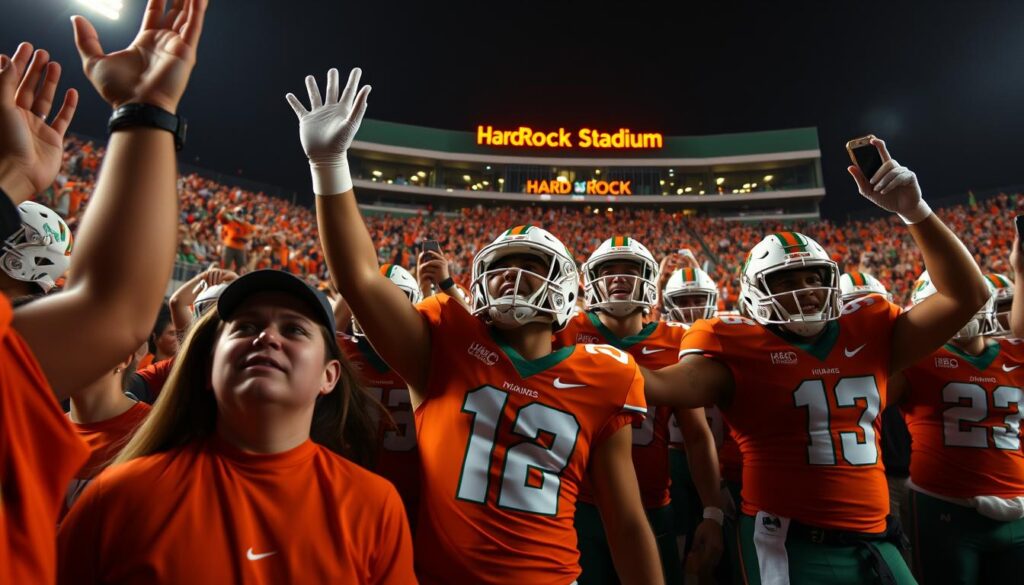 A vibrant and dynamic scene showcasing the essence of University of Miami football highlights during a recent game. In the foreground, capture a close-up of a jubilant crowd, dressed in orange and green jerseys, cheering passionately with arms raised. In the middle ground, show a group of players passionately celebrating a key play, exuding determination and excitement, all donning their helmets and uniforms. In the background, depict the iconic Hard Rock Stadium under bright stadium lights, with fans in the stands glowing with enthusiasm and holding up their phones capturing the moment. Soft, dramatic lighting accentuates the players' expressions and the atmosphere is electric, reflecting the thrill of college football. The angle should be slightly upward, emphasizing the intensity of the game and the energy from the crowd.