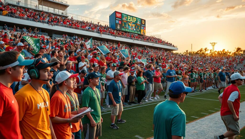 A vibrant football stadium in Florida filled with excited fans wearing team colors, showcasing a lively recruiting game atmosphere. In the foreground, a group of young prospects, dressed in casual sports attire, are enthusiastically interacting with coaches and staff, taking notes, and observing the game. In the middle ground, a diverse crowd passionately cheers, holding banners and flags, with some parents capturing moments on their smartphones. The background shows a picturesque sunset, casting warm golden light over the scene, highlighting the dramatic scoreboard and enthusiastic cheerleaders. Use a wide-angle lens to capture the expansive energy of the event, focusing on vibrant colors and dynamic poses, creating an atmosphere of excitement and anticipation for upcoming commitments.
