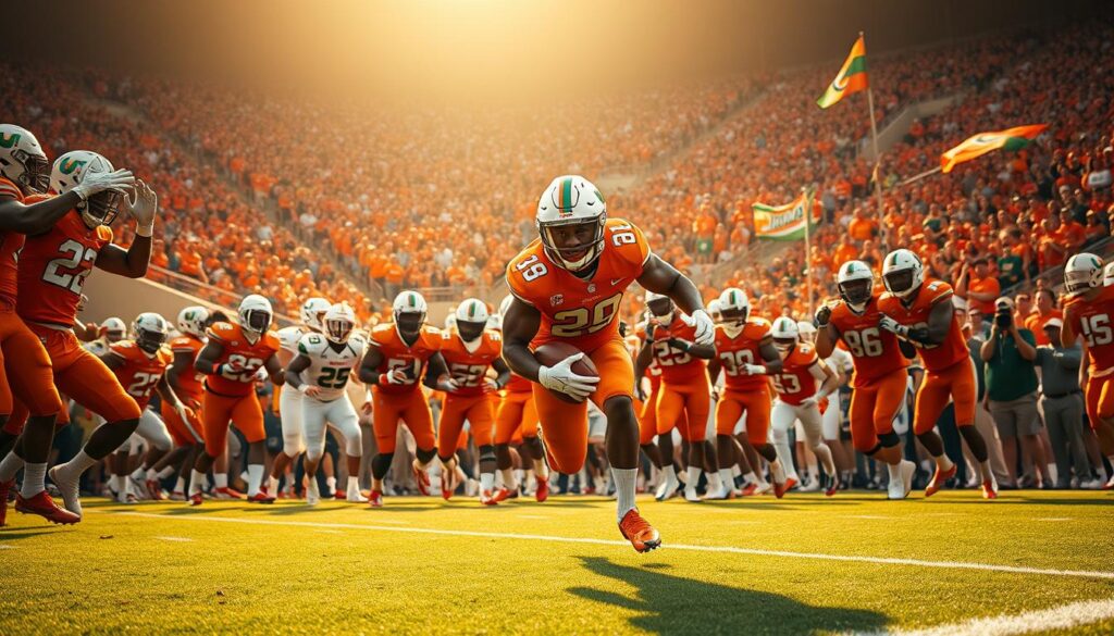 In a dynamic college football scene, capture the moment of a University of Miami player making a clutch fourth down conversion during a high-stakes game. In the foreground, the athlete is mid-action, lunging forward, focused and determined, wearing the team's distinctive orange and green uniform. Surrounding him, teammates in matching attire cheer enthusiastically, showcasing a bond of teamwork. In the middle ground, the opposing team is caught in a mix of surprise and frustration, poised to respond as they scramble back. The background features a vibrant stadium, filled with passionate fans, some waving banners and flags in team colors. Dramatic lighting casts a golden glow over the field, emphasizing the tension and excitement. The angle is slightly low, creating a sense of grandeur and urgency, immersing viewers in the intense atmosphere of collegiate football.