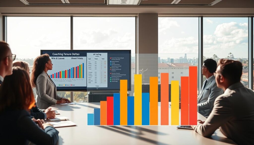 A detailed analysis scene depicting the "Coaching Tenures & Year-over-Year Deltas" in Florida college football. In the foreground, a diverse group of professionals in business attire, including a Black woman and a Caucasian man, are intently discussing charts and graphs on a large screen displaying coaching tenure deltas and AP finishes. In the middle ground, a visually striking bar graph representing wins and losses over ten years, highlighted with color gradients to show trends clearly. The background features a modern conference room with floor-to-ceiling windows, offering a view of a sunny Florida skyline. The lighting is bright and optimistic, capturing a sense of collaboration and professionalism, with dynamic shadows adding depth. The camera angle is slightly elevated, providing a comprehensive view of the analysis in action, ensuring clarity and focus on key data points. A detailed analysis scene depicting the "Coaching Tenures & Year-over-Year Deltas" in Florida college football. In the foreground, a diverse group of professionals in business attire, including a Black woman and a Caucasian man, are intently discussing charts and graphs on a large screen displaying coaching tenure deltas and AP finishes. In the middle ground, a visually striking bar graph representing wins and losses over ten years, highlighted with color gradients to show trends clearly. The background features a modern conference room with floor-to-ceiling windows, offering a view of a sunny Florida skyline. The lighting is bright and optimistic, capturing a sense of collaboration and professionalism, with dynamic shadows adding depth. The camera angle is slightly elevated, providing a comprehensive view of the analysis in action, ensuring clarity and focus on key data points.