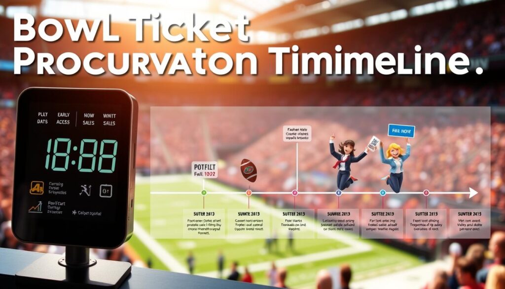 A detailed and engaging image illustrating a "Bowl Ticket Procurement Timeline." In the foreground, a sleek digital countdown clock showing key dates for ticket sales, with icons representing different stages like "Early Access," "General Sales," and "Last-Minute Deals." The middle layer features a visually appealing timeline graph with arrows connecting each stage, marked by colorful icons representing excited fans in professional attire holding tickets. The background includes blurred images of a stadium filled with cheering fans and vibrant team banners. The lighting is bright and optimistic, capturing the excitement of college football season, with a slight focus on the timeline to create depth. The overall atmosphere conveys anticipation and engagement, encouraging fans to stay informed and prepared for their ticket purchases.