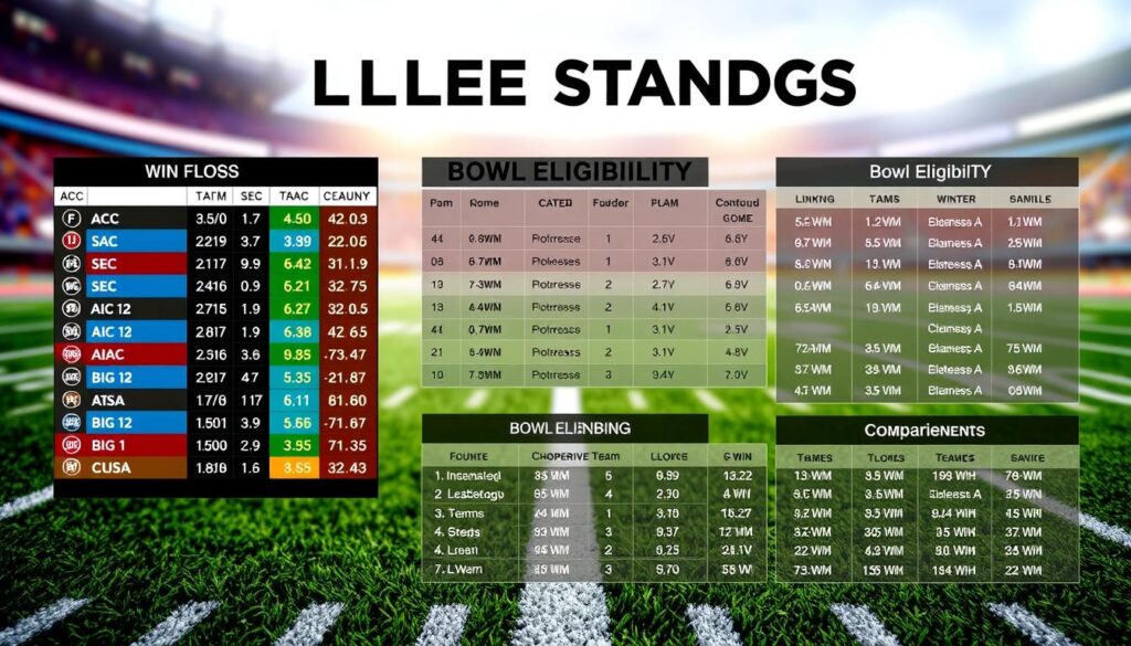 A detailed infographic displaying college football standings and a bowl eligibility tracker. In the foreground, a large, colorful scoreboard showcases win-loss records for Florida teams in the ACC, SEC, Big 12, AAC, and C-USA, with visual indicators for bowl eligibility, marking teams that have reached the 6-win threshold. In the middle, a clear layout outlines team rankings and comparison stats, using vibrant colors to differentiate each conference. The background features an abstract depiction of a football field in soft focus, enhancing the sports theme. The lighting is bright and dynamic, suggesting an exciting game atmosphere. The overall mood is energetic and competitive, encapsulating the spirit of college football standings without any text or disturbances.
