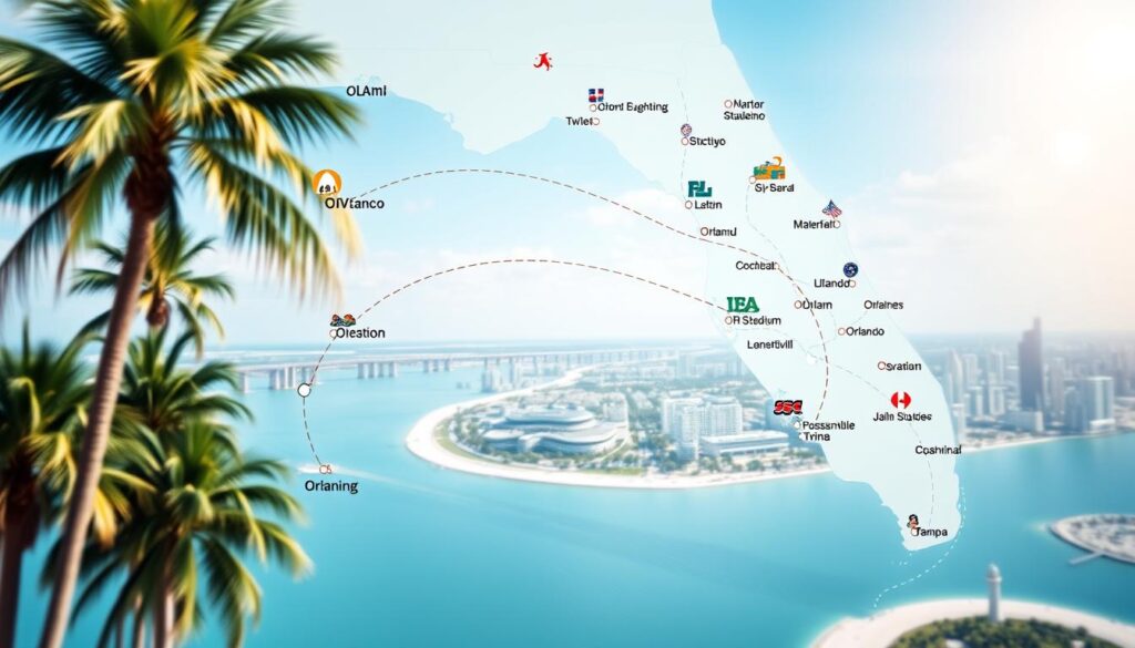 A detailed map of Florida highlighting travel destinations for college football bowl games, showcasing cities like Miami, Orlando, Jacksonville, and Tampa. The foreground features colorful icons representing various attractions and major stadiums, with dotted lines indicating travel routes. In the middle, a soft gradient background displaying the diverse Florida landscape—palm trees, beaches, and urban skylines—creates a vibrant atmosphere. The overall lighting is bright and inviting, reminiscent of a sunny Florida day. The angle captures an aerial view of the map, offering a comprehensive view of potential travel costs and locations. The mood is energetic and optimistic, inviting viewers to explore the exciting journey of supporting their teams. The design is clean and professional, with no text or logos included.
