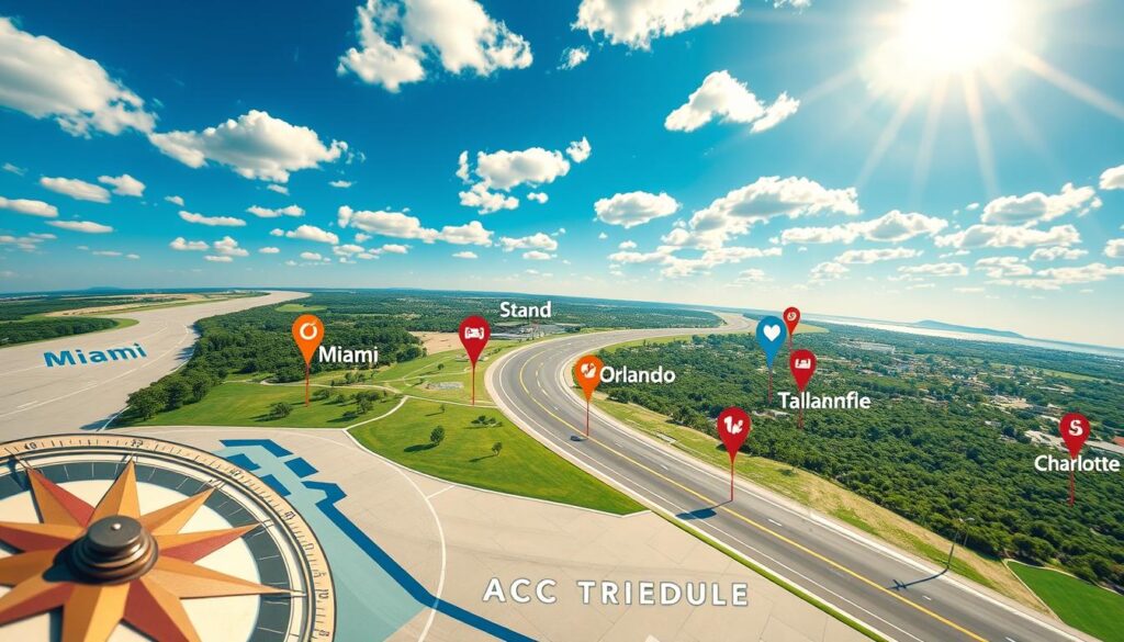 A detailed road trip map highlighting the ACC schedule, featuring vibrant routes connecting Miami to Orlando, Tallahassee, and Charlotte. In the foreground, include a stylized compass rose and colorful markers indicating key game locations. The middle layer showcases a winding highway with subtle gradients illustrating the journey between cities, bordered by lush landscapes and iconic landmarks from each location. In the background, a bright blue sky with scattered clouds creates a sunny, inviting atmosphere. Use soft sunlight and a wide-angle lens perspective to capture the scene, evoking a sense of adventure and excitement for fans. The overall mood should be dynamic and engaging, perfect for showcasing travel opportunities for Miami Hurricanes supporters. A detailed road trip map highlighting the ACC schedule, featuring vibrant routes connecting Miami to Orlando, Tallahassee, and Charlotte. In the foreground, include a stylized compass rose and colorful markers indicating key game locations. The middle layer showcases a winding highway with subtle gradients illustrating the journey between cities, bordered by lush landscapes and iconic landmarks from each location. In the background, a bright blue sky with scattered clouds creates a sunny, inviting atmosphere. Use soft sunlight and a wide-angle lens perspective to capture the scene, evoking a sense of adventure and excitement for fans. The overall mood should be dynamic and engaging, perfect for showcasing travel opportunities for Miami Hurricanes supporters.