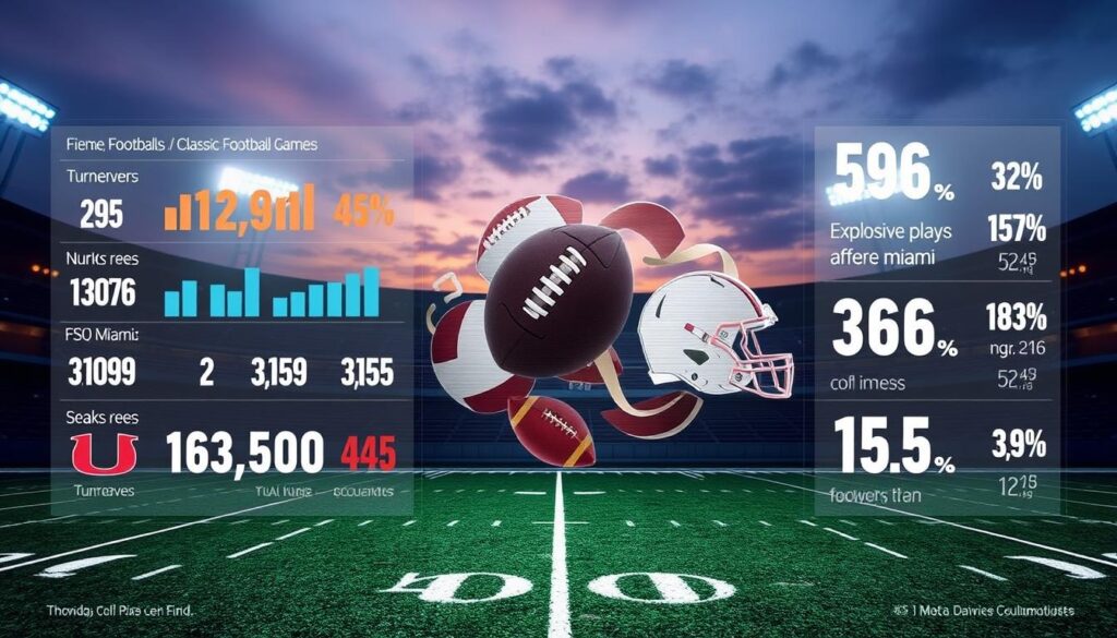A detailed statistical analysis visualization of classic football games, focusing on the fierce rivalry between Florida, FSU, and Miami. In the foreground, a sleek, modern infographic displays key statistics like turnovers, explosive plays, and sacks, represented with bold graphs and icons. The middle ground features abstract representations of footballs and helmets intertwined with numerical data, emphasizing the dynamic nature of the sport. In the background, the stadium lights dimly illuminate an empty football field under a twilight sky, creating an atmosphere of anticipation. The overall mood is analytical yet energetic, with a cool color palette dominated by shades of blue and green. The image is shot from a slightly elevated angle, capturing the entirety of the composition while maintaining clarity and focus on the statistics.
