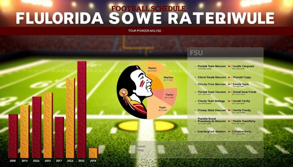 A detailed visualization of Florida State University’s football schedule analysis and power ratings, showcasing an intricate infographic layout. In the foreground, present a stylized bar graph representing team power ratings, textured with the FSU colors of garnet and gold. In the middle ground, display a circular pie chart illustrating opponent strengths and weaknesses, divided by sections labeled with team logos, with a subtle shine effect. The background includes a faded image of a football field, with stadium lights casting a warm glow, enhancing the focus on the charts. The overall mood is analytical and professional, suggesting insights into game strategies. Use a high-resolution lens effect for clarity, ensuring a polished and engaging appearance suitable for a sports analysis section. A detailed visualization of Florida State University’s football schedule analysis and power ratings, showcasing an intricate infographic layout. In the foreground, present a stylized bar graph representing team power ratings, textured with the FSU colors of garnet and gold. In the middle ground, display a circular pie chart illustrating opponent strengths and weaknesses, divided by sections labeled with team logos, with a subtle shine effect. The background includes a faded image of a football field, with stadium lights casting a warm glow, enhancing the focus on the charts. The overall mood is analytical and professional, suggesting insights into game strategies. Use a high-resolution lens effect for clarity, ensuring a polished and engaging appearance suitable for a sports analysis section.