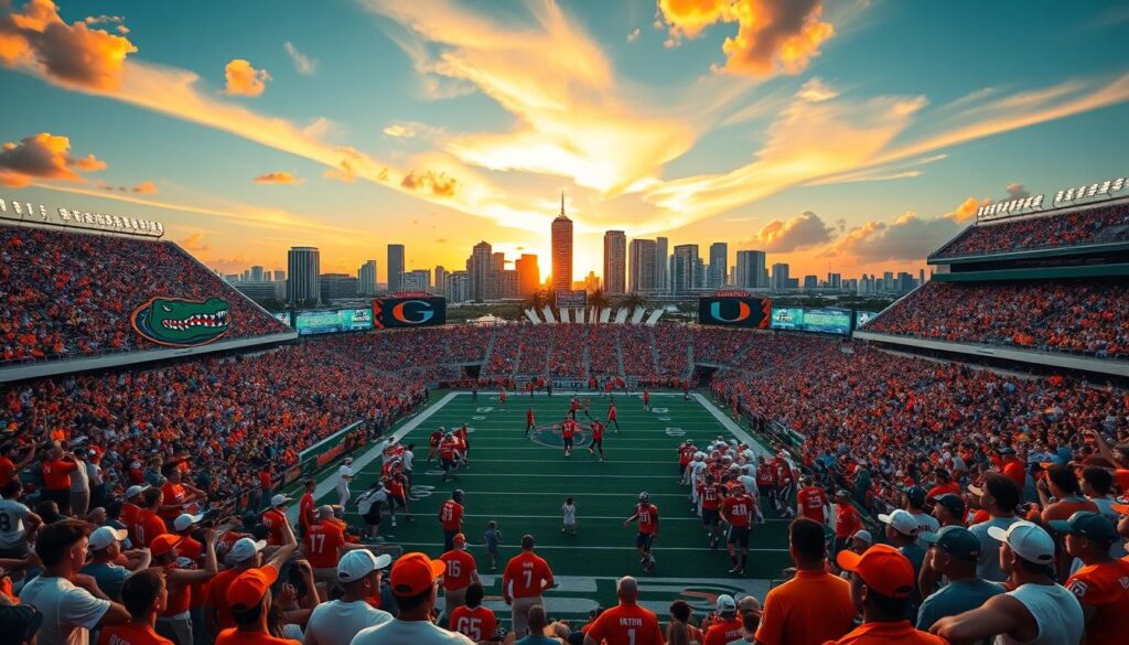 A dramatic depiction of the intense rivalry between the Florida Gators and Miami Hurricanes. In the foreground, a vibrant football stadium packed with enthusiastic fans, wearing Gators and Hurricanes colors, cheering passionately. The middle ground features players from both teams in action, clad in their classic uniforms, showcasing dynamic poses that convey the competitive spirit. In the background, an iconic Miami skyline under a vivid sunset, casting warm, golden light that enhances the electric atmosphere. The angle captures a slight elevation, giving a panoramic view of the field and the energy of the crowd. The overall mood is one of excitement, historical significance, and fierce competition, reflecting the significance of neutral sites in their storied rivalry.