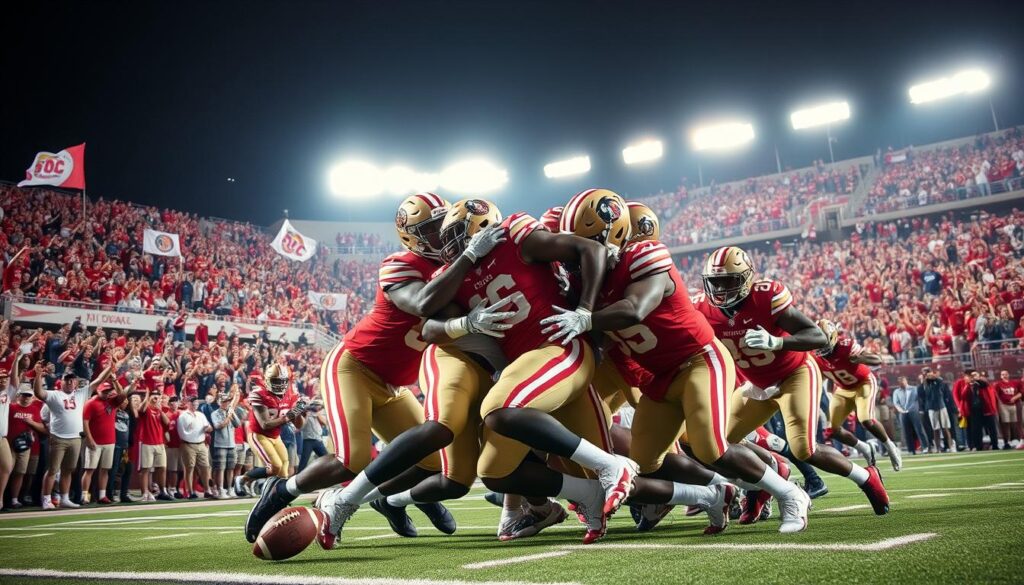 A dramatic football tiebreaker scene capturing an intense moment in an ACC game. In the foreground, a dynamic group of players—wearing Florida State Seminoles uniforms—collides as they fiercely compete for possession of the football. The middle ground features a diverse crowd of passionate fans, some in team colors, waving flags and expressing excitement. The background showcases a buzzing football stadium under bright stadium lights, illuminating the night sky. Use a wide-angle lens effect to enhance the sense of urgency and emotion, highlighting the intensity of the tiebreaker moment. The atmosphere is electric, filled with anticipation and tension, embodying the pivotal nature of ACC football rivalries. A dramatic football tiebreaker scene capturing an intense moment in an ACC game. In the foreground, a dynamic group of players—wearing Florida State Seminoles uniforms—collides as they fiercely compete for possession of the football. The middle ground features a diverse crowd of passionate fans, some in team colors, waving flags and expressing excitement. The background showcases a buzzing football stadium under bright stadium lights, illuminating the night sky. Use a wide-angle lens effect to enhance the sense of urgency and emotion, highlighting the intensity of the tiebreaker moment. The atmosphere is electric, filled with anticipation and tension, embodying the pivotal nature of ACC football rivalries.