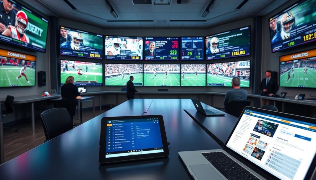A dynamic and organized injury update recap hub for college football, featuring a variety of digital screens displaying player images, injury status updates, and game statistics. In the foreground, a sleek modern desk with a tablet showing live updates and a laptop opened to a sports analysis page. The middle ground should depict a bright, well-lit room with multiple large screens on the wall showcasing different players' injuries and recovery statuses, each highlighted with vibrant colors. The background shows a university-themed sports environment with banners and memorabilia. Use natural lighting with soft shadows for a professional feel. Capture the atmosphere of urgency and excitement, reflecting a game day only vibe, as coaches and analysts in professional attire review the updates. A dynamic and organized injury update recap hub for college football, featuring a variety of digital screens displaying player images, injury status updates, and game statistics. In the foreground, a sleek modern desk with a tablet showing live updates and a laptop opened to a sports analysis page. The middle ground should depict a bright, well-lit room with multiple large screens on the wall showcasing different players' injuries and recovery statuses, each highlighted with vibrant colors. The background shows a university-themed sports environment with banners and memorabilia. Use natural lighting with soft shadows for a professional feel. Capture the atmosphere of urgency and excitement, reflecting a game day only vibe, as coaches and analysts in professional attire review the updates.