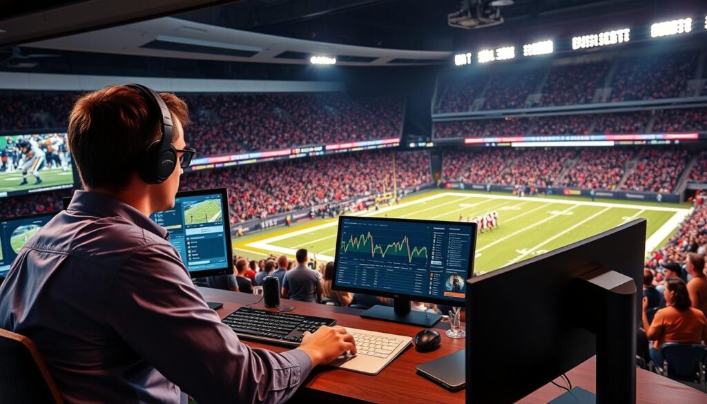 A dynamic scene illustrating the analysis of pivotal in-game plays in college football. In the foreground, a focused sports analyst wearing smart casual attire is seated at a desk with multiple screens displaying real-time game statistics and video replays, highlighting key plays. The middle ground features a digital sports analytics interface with graphs and player statistics, emphasizing a crucial moment in a game. In the background, a large stadium filled with cheering fans is illuminated by vibrant stadium lights, capturing the excitement of the game. The overall atmosphere is tense and engaging, conveying the adrenaline of live sports analysis. Use bright colors to enhance the energy, and opt for a wide-angle lens perspective to encapsulate the action. A dynamic scene illustrating the analysis of pivotal in-game plays in college football. In the foreground, a focused sports analyst wearing smart casual attire is seated at a desk with multiple screens displaying real-time game statistics and video replays, highlighting key plays. The middle ground features a digital sports analytics interface with graphs and player statistics, emphasizing a crucial moment in a game. In the background, a large stadium filled with cheering fans is illuminated by vibrant stadium lights, capturing the excitement of the game. The overall atmosphere is tense and engaging, conveying the adrenaline of live sports analysis. Use bright colors to enhance the energy, and opt for a wide-angle lens perspective to encapsulate the action.