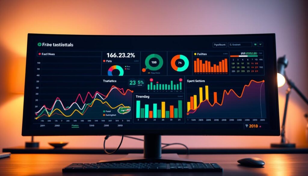 A sleek and modern interactive dashboard displaying decade-long statistics on Florida college football. In the foreground, vividly colored line graphs showcase trends, with data points represented by dynamic, pulsating icons. The middle layer features pie charts and bar graphs, each with smooth, animated transitions. The background includes a soft-focus depiction of a computer monitor set on a stylish desk, illuminated by warm office lights that create an inviting atmosphere. Angle the view slightly from above, capturing the essence of engagement and interactivity. The mood is professional and vibrant, reflecting innovation in data visualization, ideal for sports analytics. Capture a sense of depth and clarity without any text. A sleek and modern interactive dashboard displaying decade-long statistics on Florida college football. In the foreground, vividly colored line graphs showcase trends, with data points represented by dynamic, pulsating icons. The middle layer features pie charts and bar graphs, each with smooth, animated transitions. The background includes a soft-focus depiction of a computer monitor set on a stylish desk, illuminated by warm office lights that create an inviting atmosphere. Angle the view slightly from above, capturing the essence of engagement and interactivity. The mood is professional and vibrant, reflecting innovation in data visualization, ideal for sports analytics. Capture a sense of depth and clarity without any text.