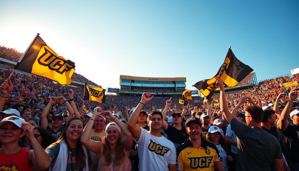 A vibrant outdoor scene capturing the excitement of a UCF Knights home game at the Bounce House. In the foreground, a diverse group of enthusiastic fans, dressed in UCF apparel, wave flags and cheer passionately, creating a sense of lively atmosphere. In the middle ground, the iconic Bounce House stadium is visible, adorned with bright UCF colors, banners, and cheering crowds filling the stands. In the background, a clear blue sky contrasts with the energetic environment, showcasing the evening sun casting warm golden hues over the scene. The mood is celebratory and spirited, inviting viewers into the thrilling experience of a college football game day. The image should focus on the essence of community and college spirit without any textual elements. A vibrant outdoor scene capturing the excitement of a UCF Knights home game at the Bounce House. In the foreground, a diverse group of enthusiastic fans, dressed in UCF apparel, wave flags and cheer passionately, creating a sense of lively atmosphere. In the middle ground, the iconic Bounce House stadium is visible, adorned with bright UCF colors, banners, and cheering crowds filling the stands. In the background, a clear blue sky contrasts with the energetic environment, showcasing the evening sun casting warm golden hues over the scene. The mood is celebratory and spirited, inviting viewers into the thrilling experience of a college football game day. The image should focus on the essence of community and college spirit without any textual elements.