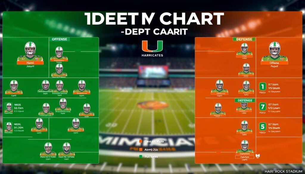 A visually engaging analysis of the Miami Hurricanes depth chart, with an organized layout showcasing player positions and stats. The foreground features clearly defined positions for offense and defense, including detailed icons representing each player in professional athletic gear. The middle includes a vivid green and orange color palette, characteristic of the Miami Hurricanes, with dynamic graphics illustrating key stats and player health notes. The background shows a blurred image of the Hard Rock Stadium, evoking a sense of live game atmosphere. Use a bright, professional lighting setup to enhance readability and focus, captured from a slightly angled bird's-eye view for a comprehensive overview effect. The mood is analytical yet vibrant, emphasizing the excitement of the upcoming season. A visually engaging analysis of the Miami Hurricanes depth chart, with an organized layout showcasing player positions and stats. The foreground features clearly defined positions for offense and defense, including detailed icons representing each player in professional athletic gear. The middle includes a vivid green and orange color palette, characteristic of the Miami Hurricanes, with dynamic graphics illustrating key stats and player health notes. The background shows a blurred image of the Hard Rock Stadium, evoking a sense of live game atmosphere. Use a bright, professional lighting setup to enhance readability and focus, captured from a slightly angled bird's-eye view for a comprehensive overview effect. The mood is analytical yet vibrant, emphasizing the excitement of the upcoming season.