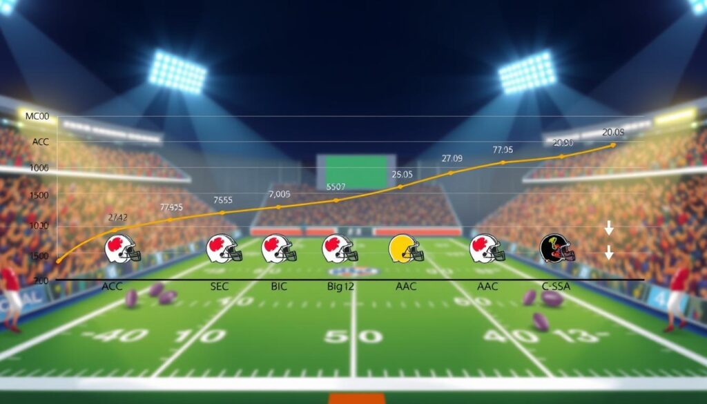 A visually engaging depiction of a college football rankings movement tracker, showcasing various Florida teams from the ACC, SEC, Big 12, AAC, and C-USA. In the foreground, an illustrated line graph highlights the up and down movements of each team's ranking over time, marked by distinct colors representing each conference. The middle ground features dynamic icons of football helmets that symbolize the teams, accompanied by arrows indicating the ranking changes. The background is a stylized football stadium filled with cheering fans, lit by vibrant floodlights creating a high-energy atmosphere. The overall mood is competitive and exciting, capturing the essence of college football during rankings season, with a focus on clarity and visual impact.