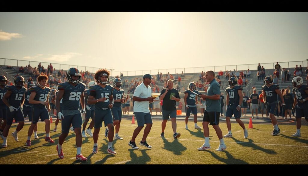 A dynamic and engaging scene showcasing a football field during a warm sunny afternoon, capturing the essence of athleticism and competition. In the foreground, highlight a group of diverse high school football recruits, aged 16-17, dressed in smart casual athletic attire, enthusiastically engaging in drills and teamwork, embodying determination and energy. In the middle, depict coaches observing with clipboards, providing guidance and encouragement, with cones and equipment scattered around. The background features a cheering crowd filled with parents and fans, creating a lively atmosphere. The lighting should be bright and natural, casting soft shadows, while a slight depth of field effect adds focus on the recruits. The overall mood conveys ambition, teamwork, and excitement for the upcoming recruiting class, inspiring optimism for Florida's football future.