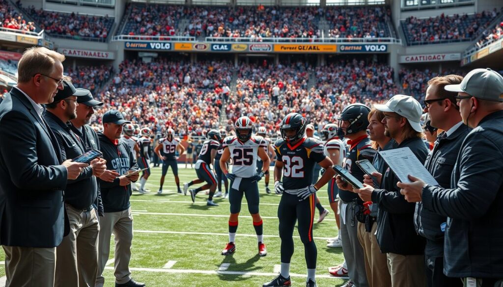 A dynamic college football recruiting scene set in a lively stadium atmosphere. In the foreground, a group of diverse, well-dressed coaches enthusiastically discussing player rankings, holding tablets displaying statistics. In the middle, a dynamic view of players in contrasting team jerseys engaged in intense drills, showcasing skill and athleticism. In the background, a packed crowd with banners of rival colleges, reflecting tension and excitement. The lighting is bright and vibrant, illuminating the field and creating a sense of urgency, captured from a slightly elevated angle to encompass the scene’s energy. The mood is competitive yet hopeful, emphasizing the impact of unexpected turns in player commitments on rankings.