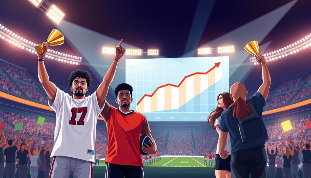 A dynamic illustration depicting the success trends in college sports transfer portals, focusing on notable players celebrating their achievements. In the foreground, a diverse group of three male and female athletes in professional sports attire stands triumphantly, holding trophies. The middle ground showcases a visually engaging graph or infographic-style depiction of statistics, illustrating upward trends with arrows and pie charts. The background features a packed stadium cheering, with bright floodlights illuminating the scene, creating an energetic atmosphere. The lighting is vivid and sharp, emphasizing the jubilation of success. Capture the essence of competition, teamwork, and the transformative impact of the transfer portal on collegiate athletics, conveying a sense of hope and achievement.