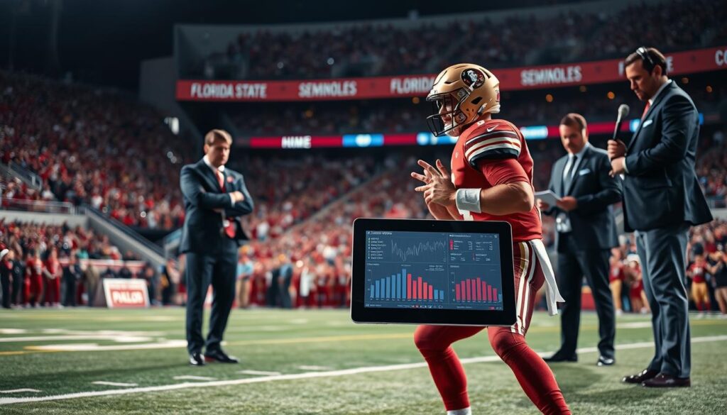 A dynamic image capturing a detailed performance analysis of a Florida State quarterback on a football field. In the foreground, a focused quarterback in a Florida State uniform is seen in a throwing stance, preparing to pass the ball. He is flanked by coaches and analysts in professional attire, observing and taking notes. In the middle ground, an interactive tablet displays statistical data and performance metrics, glowing softly. The background showcases a vibrant stadium filled with fans, radiating energy, with banners representing the Florida State Seminoles. The lighting is bright and energetic, emphasizing the excitement of the game, with a slight lens flare effect from the stadium lights. The mood is intense and focused, underscoring the strategic analysis of the player's performance.