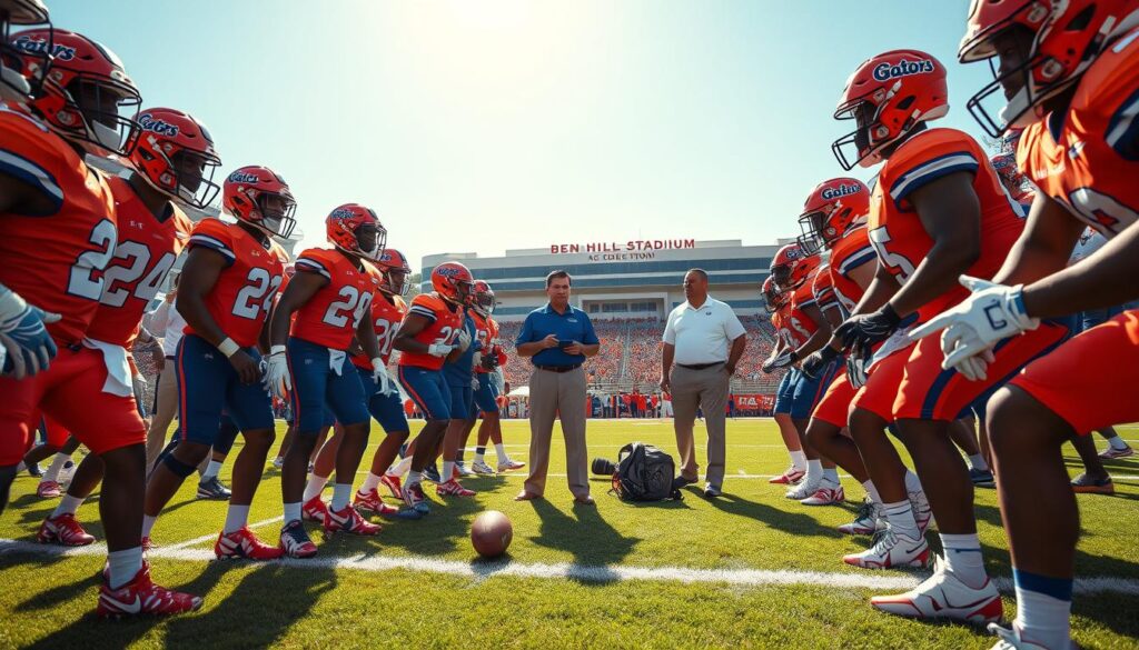 A dynamic scene capturing the excitement of new Florida Gators football recruits making an immediate impact on their team. In the foreground, a diverse group of dedicated athletes, clad in vibrant orange and blue uniforms, showcases their determination with focused expressions. They are practicing on a well-maintained football field, executing intense drills. In the middle ground, coaches in professional attire observe intently, offering guidance. The background features the iconic Ben Hill Griffin Stadium bathed in bright sunlight, under a clear blue sky, creating an inspiring atmosphere. The lens should be slightly angled upward to highlight the athletes' energy and enthusiasm, while shadows cast by the stadium evoke a sense of urgency and anticipation for the upcoming season. The mood is electric, filled with hope and ambition.